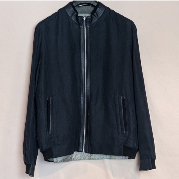 Torras Blue Quiet Luxury Linen Silk and Lambskin Leather Designer Jacket size 46 - Picture 1 of 8